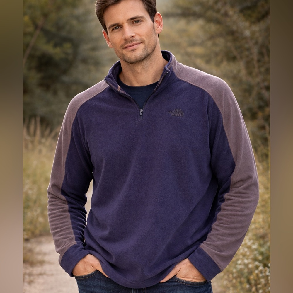 The North Face MENS Colorblock Fleece Quarter Zip Pullover Blue Size XL